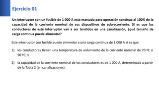 Ejercicio 01
Un interruptor con un fusible de 1 000 A esta marcado para operación continua al 100% de la
capacidad de la corriente nominal de sus dispositivos de sobrecorriente. Si es que los
conductores de este interruptor van a ser tendidos en una canalización, ¿qué tamaño de
carga continua puede alimentar?
Este interruptor con fusible puede alimentar a una carga continua de 1 000 A sí es que:
1) los conductores tienen una temperatura de aislamiento de la corriente nominal de 70 ºC o
90 ºC; y
2) la capacidad de la corriente nominal de los conductores es de 1 000 A, determinada a partir
de la Tabla 2 (en canalizaciones).
 