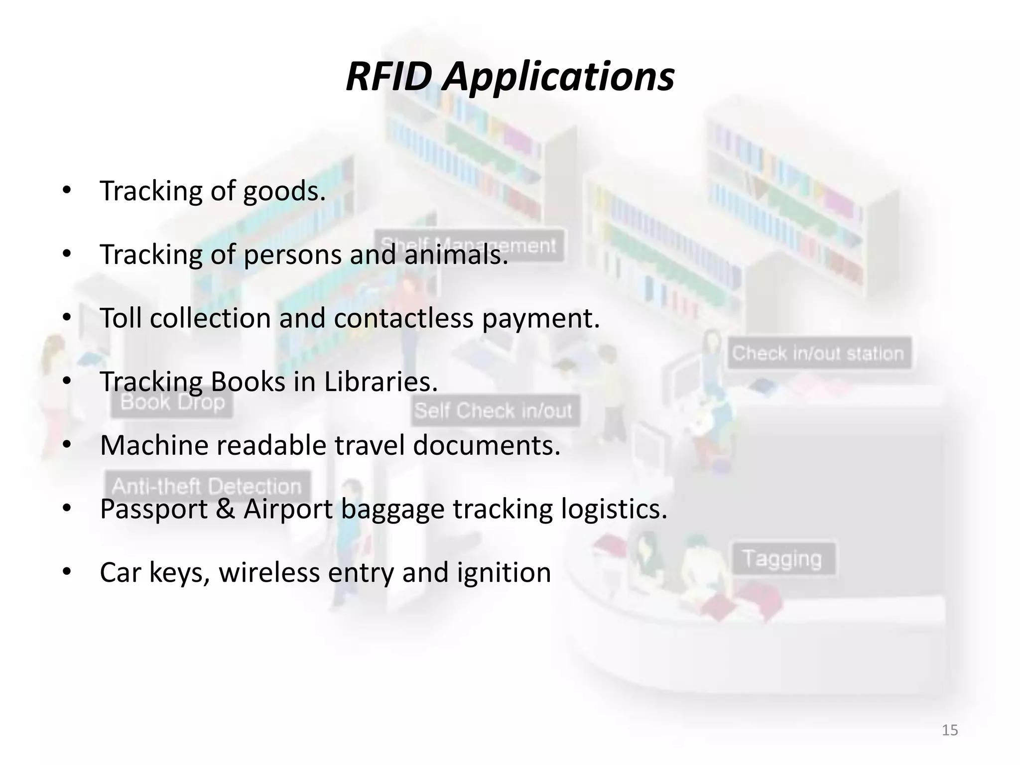 RFID Applications
• Tracking of goods.
• Tracking of persons and animals.
• Toll collection and contactless payment.
• Tracking Books in Libraries.
• Machine readable travel documents.
• Passport & Airport baggage tracking logistics.
• Car keys, wireless entry and ignition

15

 