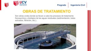 Ingeniería Civil
Pregrado
OBRAS DE TRATAMIENTO
Son obras civiles donde se llevan a cabo los procesos de tratamiento
fisicoquímico y biológico de las aguas residuales (sedimentación, lodos
activados, filtración, etc.)..
 
