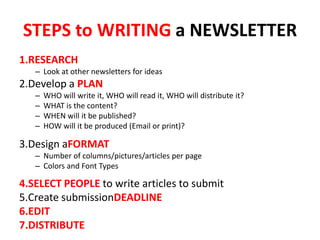 STEPS to WRITING a NEWSLETTER
1.RESEARCH
– Look at other newsletters for ideas
2.Develop a PLAN
– WHO will write it, WHO will read it, WHO will distribute it?
– WHAT is the content?
– WHEN will it be published?
– HOW will it be produced (Email or print)?
3.Design aFORMAT
– Number of columns/pictures/articles per page
– Colors and Font Types
4.SELECT PEOPLE to write articles to submit
5.Create submissionDEADLINE
6.EDIT
7.DISTRIBUTE
 