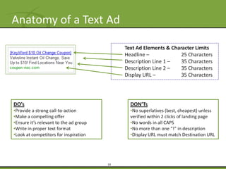 Anatomy of a Text Ad

                                             Text Ad Elements & Character Limits
                                             Headline –             25 Characters
                                             Description Line 1 –   35 Characters
                                             Description Line 2 –   35 Characters
                                             Display URL –          35 Characters




DO’s                                           DON’Ts
•Provide a strong call-to-action               •No superlatives (best, cheapest) unless
•Make a compelling offer                       verified within 2 clicks of landing page
•Ensure it’s relevant to the ad group          •No words in all CAPS
•Write in proper text format                   •No more than one “!” in description
•Look at competitors for inspiration           •Display URL must match Destination URL




                                        19
 