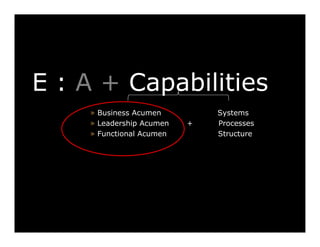 E : A + Capabilities
» Business Acumen
» Leadership Acumen
» Functional Acumen

+

Systems
Processes
Structure

 