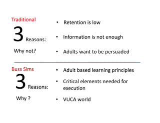 Traditional

3

Reasons:

Why not?

Buss Sims

3

Reasons:

Why ?

55

• Retention is low
• Information is not enough
• Adults want to be persuaded
• Adult based learning principles
• Critical elements needed for
execution
• VUCA world

 