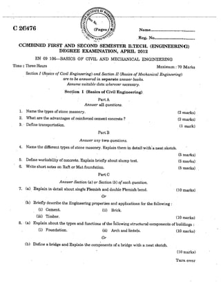 CIVIL ENGINEERING SEMESTER 1 & 2 QUESTION PAPER APRIL 2012