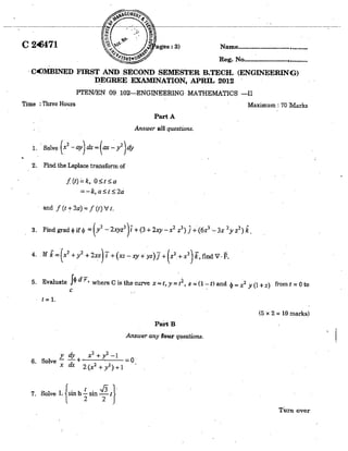 CIVIL ENGINEERING SEMESTER 1 & 2 QUESTION PAPER APRIL 2012