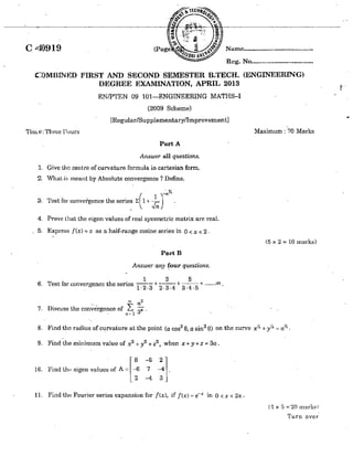 CIVIL ENGINEERING SEMESTER 1 & 2 QUESTION PAPER APRIL 2013 | PDF