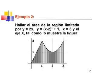 Ejemplo 2:

Hallar el área de la región limitada
por y = 2x, y = (x-2)2 + 1, x = 3 y el
eje X, tal como lo muestra la figura.




                                         24
 