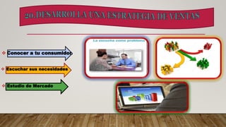  Escuchar sus necesidades
 Conocer a tu consumidor.
 Estudio de Mercado
 
