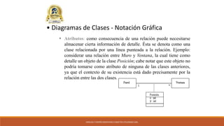 ANÁLISIS Y DISEÑO ORIENTADO A OBJETOS UTILIZANDO UML
• Diagramas de Clases - Notación Gráfica
 Atributos: como consecuencia de una relación puede necesitarse
almacenar cierta información de detalle. Ésta se denota como una
clase relacionada por una línea punteada a la relación. Ejemplo:
considerar una relación entre Muro y Ventana, la cual tiene como
detalle un objeto de la clase Posición; cabe notar que este objeto no
podría tomarse como atributo de ninguna de las clases anteriores,
ya que el contexto de su existencia está dado precisamente por la
relación entre las dos clases.
 