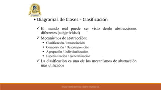 ANÁLISIS Y DISEÑO ORIENTADO A OBJETOS UTILIZANDO UML
 El mundo real puede ser visto desde abstracciones
diferentes (subjetividad)
 Mecanismos de abstracción:
 Clasificación / Instanciación
 Composición / Descomposición
 Agrupación / Individualización
 Especialización / Generalización
 La clasificación es uno de los mecanismos de abstracción
más utilizados
• Diagramas de Clases - Clasificación
 