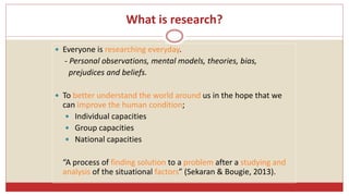 What is research?
 Everyone is researching everyday.
- Personal observations, mental models, theories, bias,
prejudices and beliefs.
 To better understand the world around us in the hope that we
can improve the human condition;
 Individual capacities
 Group capacities
 National capacities
“A process of finding solution to a problem after a studying and
analysis of the situational factors” (Sekaran & Bougie, 2013).
 