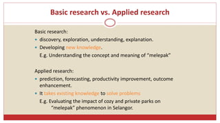 Basic research vs. Applied research
Basic research:
 discovery, exploration, understanding, explanation.
 Developing new knowledge.
E.g. Understanding the concept and meaning of “melepak”
Applied research:
 prediction, forecasting, productivity improvement, outcome
enhancement.
 It takes existing knowledge to solve problems
E.g. Evaluating the impact of cozy and private parks on
“melepak” phenomenon in Selangor.
 