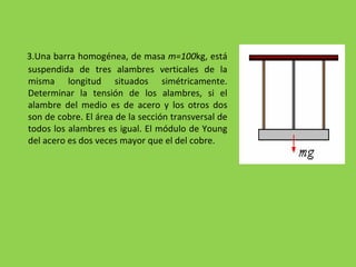 3.Una barra homogénea, de masa  m=100 kg, está suspendida de tres alambres verticales de la misma longitud situados simétricamente. Determinar la tensión de los alambres, si el alambre del medio es de acero y los otros dos son de cobre. El área de la sección transversal de todos los alambres es igual. El módulo de Young del acero es dos veces mayor que el del cobre. 