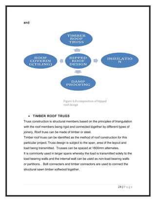 and
• TIMBER ROOF TRUSS
Truss construction is structural members based on the principles of triangulation
with the roof members being rigid and connected together by different types of
joinery. Roof truss can be made of timber or steel.
Timber roof truss can be identified as the method of roof construction for this
particular project. Truss design is subject to the span, area of the layout and
load being transmitted. Trusses can be spaced at 1800mm alternates.
It is commonly used in larger spans whereby the load is transmitted solely to the
load bearing walls and the internal wall can be used as non-load bearing walls
or partitions. . Bolt connecters and timber connectors are used to connect the
structural sawn timber softwood together.
24 | P a g e
Figure 6.0 composition of hipped
roof design
 