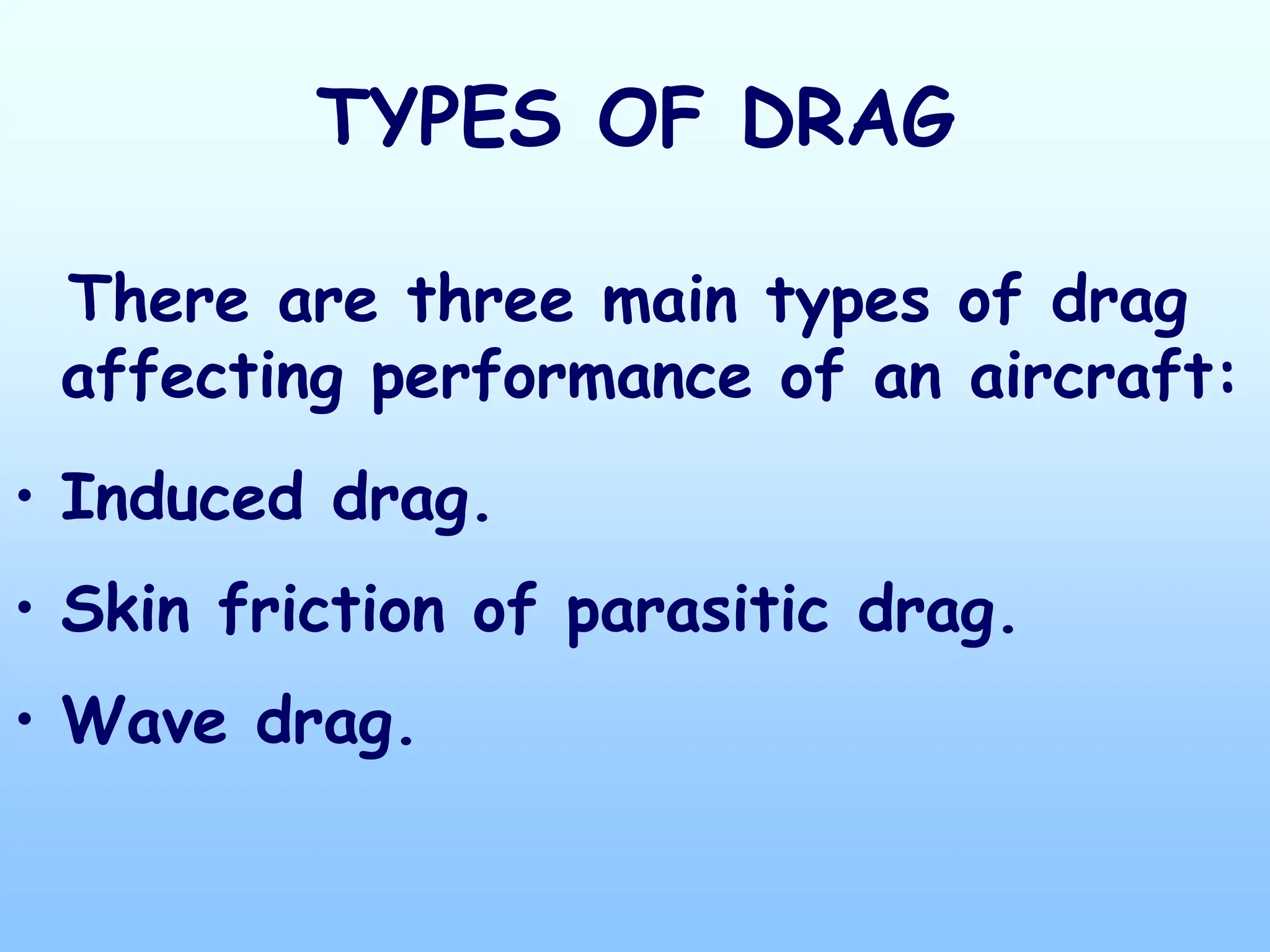 TYPES OF DRAG
There are three main types of drag
affecting performance of an aircraft:
• Induced drag.
• Skin friction of parasitic drag.
• Wave drag.
 