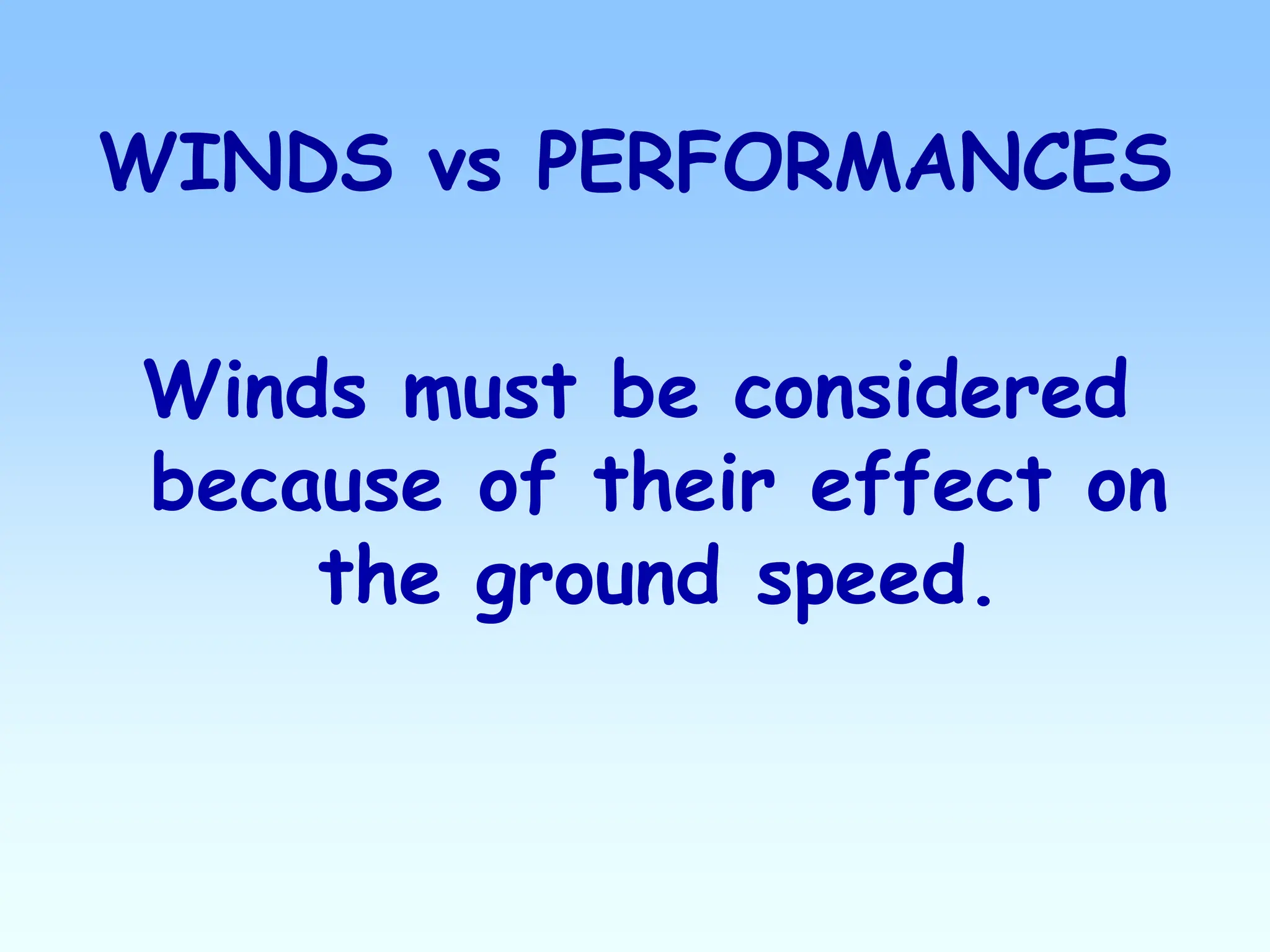 WINDS vs PERFORMANCES
Winds must be considered
because of their effect on
the ground speed.
 