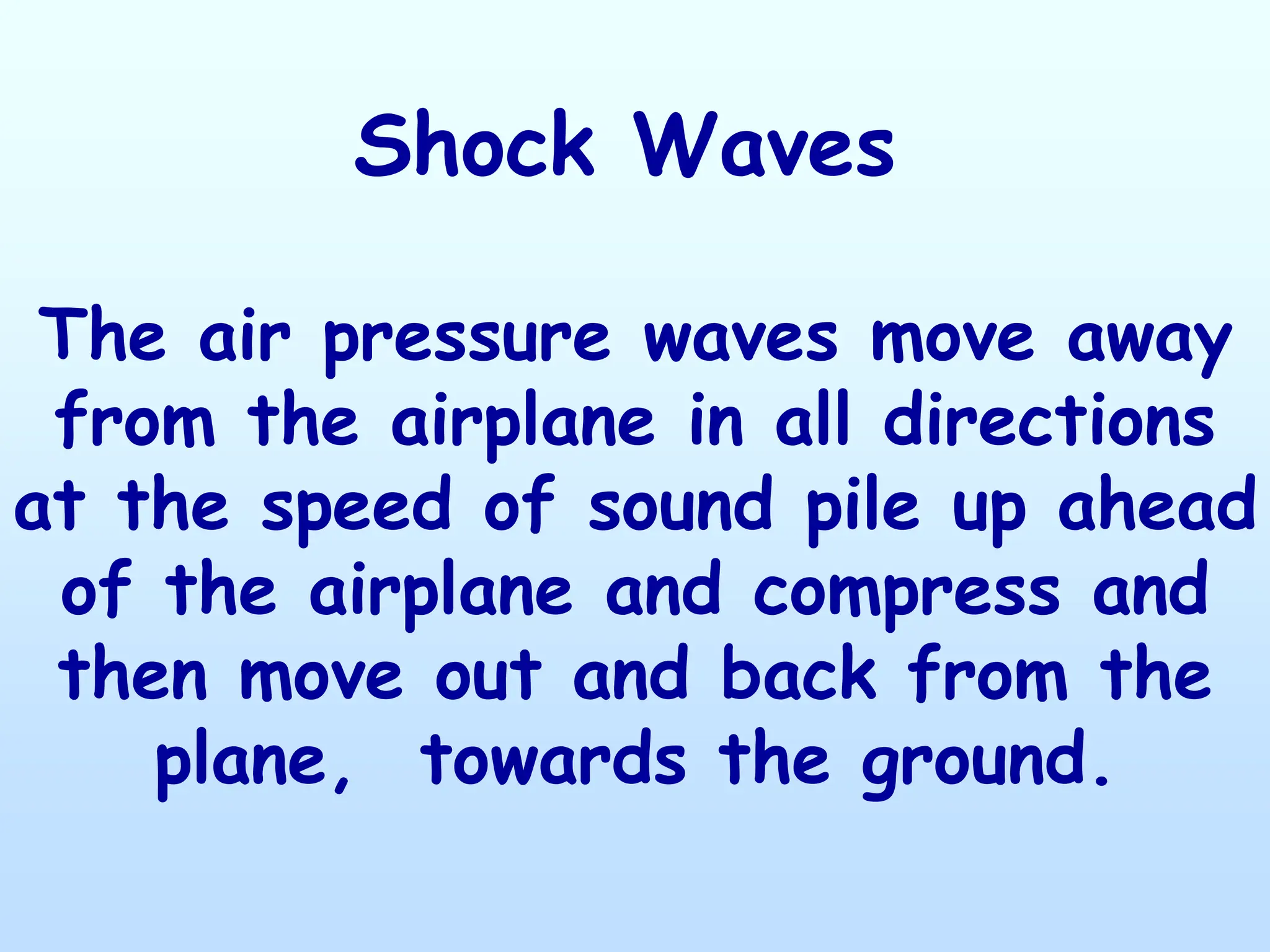 Shock Waves
The air pressure waves move away
from the airplane in all directions
at the speed of sound pile up ahead
of the airplane and compress and
then move out and back from the
plane, towards the ground.
 