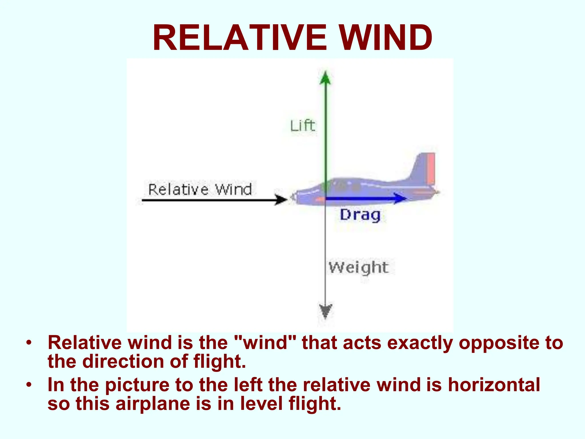 RELATIVE WIND
• Relative wind is the "wind" that acts exactly opposite to
the direction of flight.
• In the picture to the left the relative wind is horizontal
so this airplane is in level flight.
 