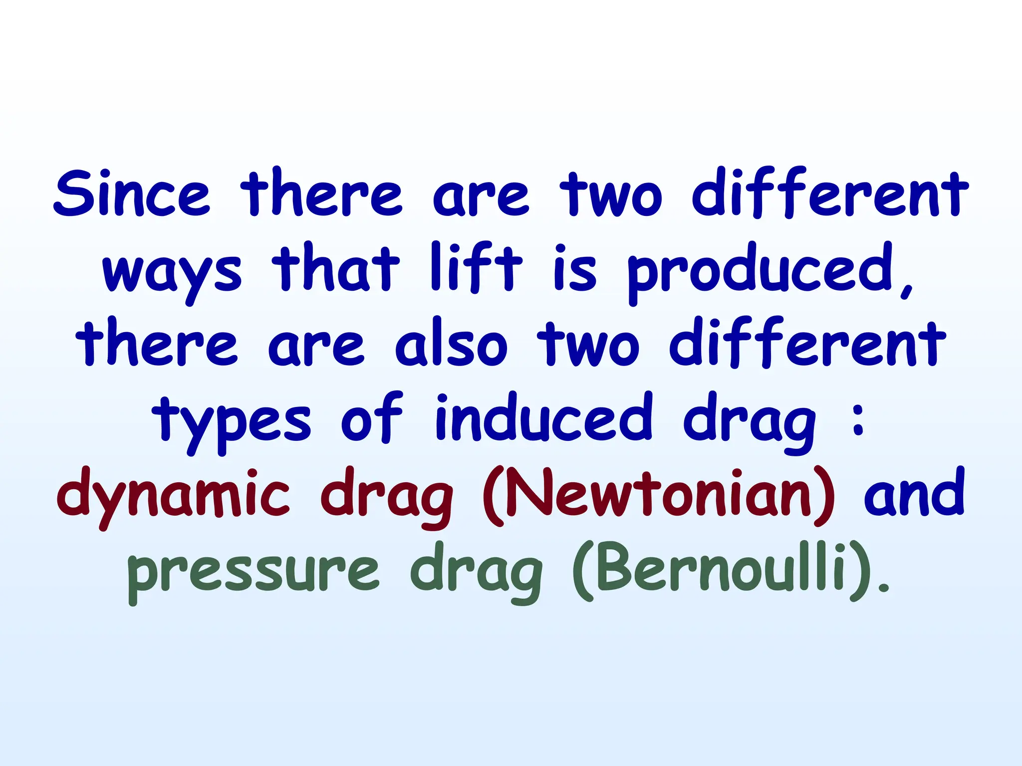 Since there are two different
ways that lift is produced,
there are also two different
types of induced drag :
dynamic drag (Newtonian) and
pressure drag (Bernoulli).
 