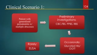 Clinical Scenario 1:
Patient with
generalized
periodontitis w/
multiple abscesses
Preliminary
investigations:
CBC,FBS, PPBS, RBS
Occasionally:
Glycated Hb/
OGTT
Rarely:
ELISA
104
 