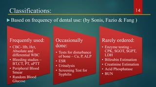 Classifications:
 Based on frequency of dental use: (by Sonis, Fazio & Fang )
Frequently used:
• CBC- Hb, Hct,
Absolute and
differential WBC
• Bleeding studies –
BT,CT, PT, aPTT
• Peripheral Blood
Smear
• Random Blood
Glucose
Occasionally
done:
• Tests for disturbance
of bone – Ca, P, ALP
• ESR
• Urinalysis
• Screening Test for
Syphilis
Rarely ordered:
• Enzyme testing –
CPK, SGOT, SGPT,
LDH
• Bilirubin Estimation
• Creatinine Estimation
• Acid Phosphatase
• BUN
14
 