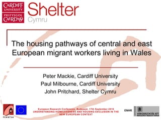 The housing pathways of central and east
European migrant workers living in Wales


            Peter Mackie, Cardiff University
           Paul Milbourne, Cardiff University
            John Pritchard, Shelter Cymru


         European Research Conference, Budapest, 17th September 2010
      UNDERSTANDING HOMELESSNESS AND HOUSING EXCLUSION IN THE
                                                                       ENHR
                         NEW EUROPEAN CONTEXT
 