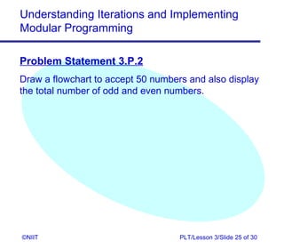 Understanding Iterations and Implementing
Modular Programming

Problem Statement 3.P.2
Draw a flowchart to accept 50 numbers and also display
the total number of odd and even numbers.




©NIIT                               PLT/Lesson 3/Slide 25 of 30
 