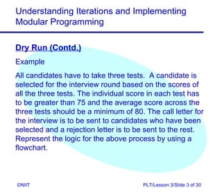 Understanding Iterations and Implementing
Modular Programming

Dry Run (Contd.)
Example
All candidates have to take three tests. A candidate is
selected for the interview round based on the scores of
all the three tests. The individual score in each test has
to be greater than 75 and the average score across the
three tests should be a minimum of 80. The call letter for
the interview is to be sent to candidates who have been
selected and a rejection letter is to be sent to the rest.
Represent the logic for the above process by using a
flowchart.



©NIIT                                  PLT/Lesson 3/Slide 3 of 30
 