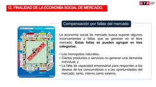 Compensación por fallas del mercado
TRANSFORMACIÓN
12. FINALIDADDELAECONOMÍASOCIALDEMERCADO.
La economía social de mercado busca superar algunos
inconvenientes o fallas que se generen en el libre
mercado. Estas fallas se pueden agrupar en tres
categorías.
• Los monopolios naturales,
• Ciertos productos o servicios no generan una demanda
individual; y
• La falta de capacidad empresarial para responder a los
deseos de los consumidores o a las oportunidades del
mercado, tanto, interno como externo.
 