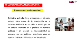 Iniciativa privada: Cuyo protagonista es el sector
privado como motor de la reproducción de la
actividad económica. Por su parte el Estado goza de
un espacio reservado en la provisión de servicios
públicos y en general, la responsabilidad de
procurar por un ambiente beneficioso para un
adecuado desenvolvimiento del sector privado.
13. ESTÁNDARES DELMODELODEESM.
Componentes predominantes.
 