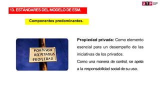 Propiedad privada: Como elemento
esencial para un desempeño de las
iniciativas de los privados.
Como una manera de control, se apela
a la responsabilidad social de su uso.
13. ESTÁNDARES DELMODELODEESM.
Componentes predominantes.
 