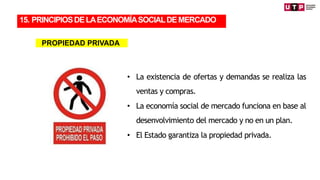 • La existencia de ofertas y demandas se realiza las
ventas y compras.
• La economía social de mercado funciona en base al
desenvolvimiento del mercado y no en un plan.
• El Estado garantiza la propiedad privada.
TRANSFORMACIÓN
15. PRINCIPIOSDELAECONOMÍASOCIALDEMERCADO
PROPIEDAD PRIVADA
 