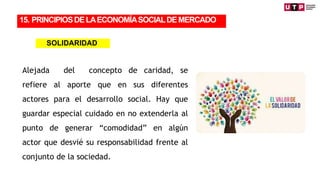 Alejada del concepto de caridad, se
refiere al aporte que en sus diferentes
actores para el desarrollo social. Hay que
guardar especial cuidado en no extenderla al
punto de generar “comodidad” en algún
actor que desvié su responsabilidad frente al
conjunto de la sociedad.
15. PRINCIPIOSDELAECONOMÍASOCIALDEMERCADO
SOLIDARIDAD
 