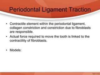 Periodontal Ligament Traction
• Contractile element within the periodontal ligament,
collagen constriction and constriction due to fibroblasts
are responsible.
• Actual force required to move the tooth is linked to the
contractility of fibroblasts.
• Models:
 