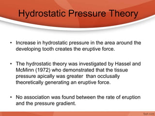 Hydrostatic Pressure Theory
• Increase in hydrostatic pressure in the area around the
developing tooth creates the eruptive force.
• The hydrostatic theory was investigated by Hassel and
McMinn (1972) who demonstrated that the tissue
pressure apically was greater than occlusally
theoretically generating an eruptive force.
• No association was found between the rate of eruption
and the pressure gradient.
 