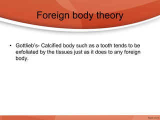 Foreign body theory
• Gottlieb’s- Calcified body such as a tooth tends to be
exfoliated by the tissues just as it does to any foreign
body.
 
