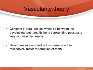 Vascularity theory
• Constant (1896)- tissues which lie between the
developing tooth and its bony surrounding possess a
very rich vascular supply.
• Blood pressure exerted in this tissue is active
mechanical factor for eruption of teeth
 