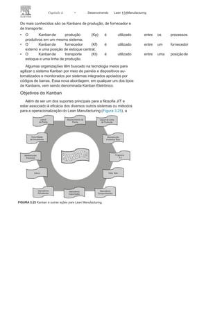 130 LEAN
MANuFAcTuRINg
4. Quando a ET2 recebe e utiliza os itens aqui tratados, o cartão
é retirado do contêiner e encaminhando a uma “caixa de
recolhimento de Kanbans”, para ser enviado novamente a ET1,
reiniciando, assim, todo processo.
O “cartão” Kanban deve ser feito de material resistente para
suportar o contínuo deslocamento, ter informações precisas e ser
de fácil visualização. Em um Kanban, é preciso especificar:
• O nome do
componente;• Descrição do
componente;• Fornecedor e
cliente;• Nível de reposição e
de urgência;• Tempo de
reposição
;
• Número total de Kanbans
em circulação;• Número de componentes a
serem produzidos.
O “painel de planejamento” tem como objetivo armazenar na
ET1, em local visível, os Kanbans recebidos da ET2. cada item
deve ter seus Kanbans alocados em uma única coluna, e o pai-
nel deve indicar três níveis de prioridade para a produção, que são
muitas vezes apresentados por cores:
• Limite de normalidade
(nível verde);• Limite de atenção
(nível
amarelo);
• Limite de urgência
(nível vermelho).
O contêiner é o local onde os componentes são alocados e des-
locados da posição fornecedor (ET1) para o cliente (ET2) e sua
capacidade não pode ser elevada e precisa ser definida sempre
com foco no nivelamento do fluxo de produção. A caixa de reco-
lhimento de Kanbans é o local onde a ET2 deposita os Kanbans dos
contêineres cujos itens foram utilizados. Essa caixa é esvaziada por
um responsável, que encaminha os Kanbans para a ET1.
Tipos de Kanban
O sistema Kanban pode ser utilizado em vários estágios de um sis-
tema produtivo, mas sempre utilizando a mesma base metodológica.
 