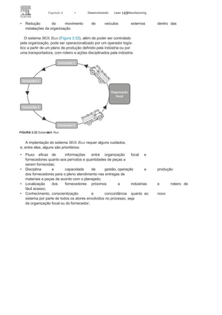 144 LEAN
MANuFAcTuRINg
quantidade necessária ao consumo da linha de produção
e com embalagens apropriadas (padronizadas e reutilizáveis);
• Controle do fluxo de recebimento de
peças e componentesno que diz respeito à hora e quantidade;
FIGURA 3.31 Sistema de abastecimento tradicional
e o
Milk
Run.
 