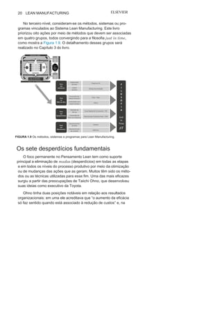 Capítulo 1 • Entendendo Lean
Manufacturing
19
A satisfação pode ser de ordem funcional, sensorial ou psicos-
sociológia. Essa satisfação em clientes institucionais geralmente é
de ordem funcional. Já em clientes individuais, além de funcional,
pode ser de ordem sensorial ou psicossociológica.
O ciclo do consumo aciona o início do ciclo da produção com
a realização do pedido pelo cliente, e o fim desse ciclo ocorre com a
entrega do produto ao cliente. 9 Entre um pedido e outro, o cliente
está sujeito a criar ou desenvolver novas necessidades e, conse-
quentemente, novos valores. Já o ciclo da produção pode ser divido
em três níveis: no primeiro, é preciso identificar a voz do cliente,
buscar, diante das necessidades dos clientes, oportunidades de
melhoria, identificar as mudas e realizar kaizen de fluxo (kaikaku),
quando necessário; no segundo nível, é preciso criar fluxos de
valor dos processos, implantar uma metodologia para a gestão
e melhoria contínua dos processos, buscar a padronização dos
processos e o nivelamento do fluxo. O detalhamento dessas etapas
será realizado no Capítulo 2 deste livro.
FIGURA 1.8 Da utilidade do produto a satisfação do
cliente.
9
Em determinados casos, dependendo da especificidade do processo, do produto
e do cliente, o ciclo do produto vai até a forma de descarte dele próprio ou de sua
embalagem.
 