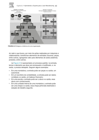 42 LEan ManuFaCturIng
Gestão e medição do
desempenhodos
processosa existência de uma organização tem início com a elaboração
dos elementos, que devem nortear suas ações e sua cultura para
viabilizar seus negócios. a missão, os valores e a visão são elemen-
tos imperiosos, que devem dar uma identidade à organização
e um caminho de acordo com sua realidade e seu estado desejado
idealizado (veja a Figura 2.2).
a caminhada na busca do estado desejado tem trajetória e
etapas disciplinadas pelos objetivos estratégicos; já as estratégias
buscam, nesse sentido, viabilizar as estruturas, as unidades de
negócios ou operacionais e os colaboradores, para unificar, integrar
e personalizar o valor ao qual a organização se propõe a atender,
para um eficaz desempenho do fluxo de valor e alinhamento e
harmonia da cadeia de valor em todo o ciclo de produção.
a integração da cadeia de valor no sistema produtivo é feita por
meio dos processos. um processo é um conjunto de atividades com
início e fim bem delimitados, cujo objetivo é prestar atendimento
FIGURA 2.1 A Busca de excelência dos processos diante de um ciclo
produtivo.
 
