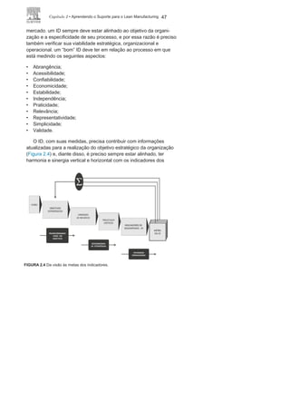 46 LEan ManuFaCturIng
das tarefas e da busca da maior padronização. Os pioneiros na
utilização desses modelos, no início do século XX, foram a DuPont
e a general Motors.
Os sistemas de medição evoluíram, mas ainda é considerado
como suporte o sistema de produção em massa. a partir dos
anos 1980, muitas organizações passaram a utilizar diversas
medidas, ainda focadas somente no desempenho contábil ou
financeiro. as mais utilizadas como indicadores financeiros
ainda são Return on Investment (rOI) 1 e a Economic Value
Ad-ded
(EVA)
2. Já como indicador contábil, a Earnings Before In-
terest, Taxes, Depreciation and Amortiation (EBItDa) 3 tem sido
a prioritária.
atualmente, isso não é mais suficiente. Diante das tendências
dos sistemas de produção e da busca cada vez maior do Lean Ma-
nufacturing, as medidas de desempenho utilizadas até a década
de 1990 deixaram de ser suficientes para uma medição do desem-
penho pleno nas etapas de um ciclo de produção e no resultado
final
.
a eficaz e integrada medida do desempenho é um dos aspectos
de maior relevância no atual contexto organizacional e só se pode
gerenciar, controlar e melhorar aquilo que se pode medir. a medida
do desempenho é um feedback do próprio processo, que pode
sugerir ajustes ou mudanças e que vai facilitar a gestão, o controle,
a definição de responsabilidades, a identificação de falhas e de
desperdício, e o consequente realinhamento dos processos e dos
objetivos estratégicos.
a medição do desempenho em uma organização deve ser feita
em três dimensões: individual, por unidade e com foco no mercado,
sempre considerando os aspectos organizacionais, culturais e de
1
rOI é a taxa de retorno, ou lucro, futuro a ser apurado em negócios ou aplicações
financeiras.
2
EVA é o ganho final de capital, riqueza sob o foco
econômico.3
EBItDa é um indicador contábil que apresenta o caixa operacional de uma
organização, quanto a empresa gera de recursos apenas através de suas atividades
operacionais, não são considerados os custos financeiros ou os impostos.
 