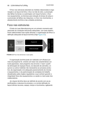 Capítulo 3 • Desenvolvendo
Lean Manufacturing
67
• Zero
defeito;
• Zero
des
perdício;
• Qualidade
total
.O JIT tende a nortear a organização para um menor lead time,
reduzir custos, eliminar os desperdícios, aumentar a flexibilidade,
dar confiabilidade ao sistema e, principalmente, possibilitar uma
integração eficaz entre o ciclo de produção e o ciclo de consu-
mo, fazendo com que a produção atenda plenamente o valor do
cliente
.
Métodos operacionais para
o
just in
timecom o objetivo de criar as condições necessárias para operacio-
nalizar a filosofia JIT, este livro sistematizou as principais ações, os
sistemas, os métodos e os programas nos quatro focos já citados,
como mostra a Figura 3.1.
FIGURA 3.1 JIT e seus sistemas, métodos e
programas.
 