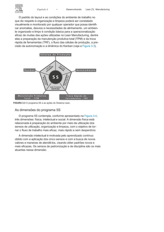 70 LEAN
MANuFAcTuRINg
aos aspectos culturais da organização analisada. Na sequência, serão
apresentados conceitos e objetivos para cada um dos cinco sensos:
• Seiri — senso de
utilização
: tem como objetivo otimizar os
espaços, a alocação e utilização de móveis, equipamentos e
materiais de trabalho em geral. É aconselhável que nos locais
de trabalho estejam alocados apenas o necessário e com layout
adequado para a
utilização eficaz.• Seiton — senso de
organização
: tem como objetivo ordenar
racionalmente móveis, equipamentos, material de uso e
documentos para facilitar o acesso e a utilização dos diversos
recursos em um layout coerente. Busca ainda definir novas
formas de armazenar materiais de consumo e definir novos
fluxos de produção.
• Seiso — senso de
limpeza
: tem como objetivo deixar sempre
limpo ou em condições favoráveis para uso os recursos físicos,
móveis e equipamentos utilizados. Procura criar a cultura
de utilizar um calendário para limpeza e manutenção de
equipamentos, ferramentas e estrutura.
• Seiketsu — senso de padronização : tem como objetivo
cumprir as recomendações técnicas e manter as condições de
trabalho e dos colaboradores, favorecendo a saúde com relação
às limitações físicas e mentais. Procura ainda a padronização
dos bons hábitos das normas técnicas e dos procedimentos e
ações
eficazes.
• Shitsuke — senso de
disciplina:
tem por objetivo criar uma
cultura para educar, conscientizar e disciplinar o colaborador
visando a um comportamento e a hábitos que motivem a
melhoria contínua por meio da força física, mental e moral.
Busca ainda a manutenção dos quatro sensos iniciais.
Importância do Programa 5S
O Programa 5S não pode ser considerado um programa de
qualidade, mas é o passo inicial e a base para muitos processos
de melhoria nas organizações por intermédio da busca e da
introdução de boas e eficazes práticas, com o objetivo de criar e
manter um ambiente limpo, organizado, com layout adaptado às
necessidades e potencialmente gerenciável.
 