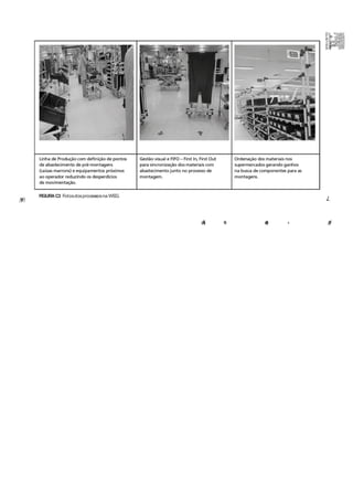 76 LEAN
MANuFAcTuRINg
nos mapeamentos de fluxo de valor, quanto nos eventos Gemba
Kaizensrealizados nos processos, e o principal objetivo é facilitar a atividade
do operador em seu posto de trabalho, agregando valor aos produtos e
serviços WEg com a implantação de práticas 5S que:
• Reduzam ou eliminem a movimentação de pessoas
e a procura pormatérias-primas, equipamentos, documentos e informações;
• Reduzam o transporte de materiais e
produto acabado entre asoperações;
• Reduzam ou eliminem o excesso de
estoque entre os processos(Work in Process/Progress —
WIP);• Reduzam ou eliminem a possibilidade
de retrabalho;• Reduzam ou eliminem o trabalho fisicamente
extenuante com aliberação de espaços.
A Figura c2 apresenta um quadro com os momentos antes e depois
de uma aplicação do programa 5S.
PROJETO WEG AUTOMAÇÃO
No processo de produção de drives, elaborou-se o mapeamento
de fluxo de valor, no qual foram evidenciadas oportunidades de
ganhos de produtividade, gerando, assim, um conjunto de eventos
Gemba Kaizens para alcançar tais resultados. No fluxo de materiais,
realizaram-se melhorias de 5S para facilitar o acesso a insumos e
equipamentos tanto para os operadores, quanto para os abastecedores
das linhas de produção, aumentando, assim, o tempo de agregação
de valor aos produtos e melhoria no lead time. Nas Figuras c3 e c4
FIGURA C2 O processo antes e depois do programa
5S.
Font
e
: Kaizen
Institute.
 