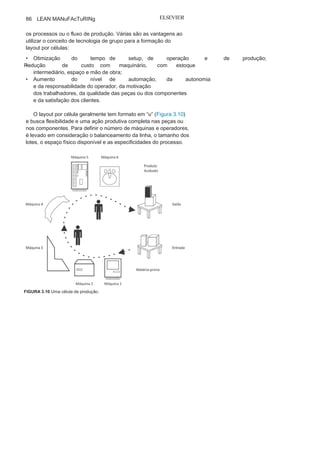 Capítulo 3 • Desenvolvendo
Lean Manufacturing
85
processo, é o de aumentar a eficácia da produção com a otimização
dos recursos já disponíveis.
O conceito de tecnologia de grupo foi originalmente utiliza-
do pela Toyota, mas o pioneiro dos estudos e desenvolvimen-
tos de técnicas é o russo S. P. Mitofanov. Outras contribuições
significativas ao estudo da tecnologia de grupo surgiram com
H. Opitz, na Alemanha, e com J. Burbidge, na Inglaterra, ambas
no início dos anos 1960: Opitz desenvolveu o sistema de codi-
ficação e classificação (Scc), com foco no agrupamento diante
das características geométricas das peças; já Burbidge buscou um
agrupamento com base nas ações similares no fluxo de um sis-
tema produtivo e dos consequentes grupos por meio da análise
de fluxo de produção (AFP).
Esses sistemas e essa metodologia criaram a base e alimentam
os novos sistemas e métodos de controle, como os sistemas flexíveis
de manufatura (FMS) e a manufatura integrada por computador
(cIM).
Além dos sistemas já citados de tecnologia de grupo, sistema
de codificação e classificação (Scc) e análise de fluxo de produção
(AFP), outros sistemas com menor ou maior complexidade também
são utilizados, entre eles:
• Inspeção ou agrupamento
visual
: agrupamento de peças pela
análise visual ou experiência dos operadores;
• Análise de
agrupamento
: método de maior complexidade,
que utiliza o conceito matemático de matriz, denominada
matriz de incidência peça/máquina, para o estudo das diversas
possibilidades de agrupamentos.
• Algoritmo
s
: o desenvolvimento e a aplicação de algoritmos
para o agrupamento eficaz vêm sendo
realizados por meio deprogramação matemática e técnicas heurísticas.
• Metodologias com base na inteligência artificial : este
método utiliza a inteligência artificial e
leva em consideraçãoprincipalmente as características geométricas das peças e as
características e especificidade do processo ou
do fluxo.
A orientação para a eficaz definição dos grupos e, consequen-
temente, a formação das células pode tomar como base o projeto,
 