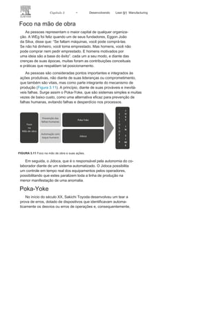 90 LEAN
MANuFAcTuRINg
em toda a cadeia e no
cliente final. A Figura c6 apresenta um fluxooperacional do P3E.
RESULTADOS DO P3E — CÉLULAS E
KAIZENSSeguem alguns resultados obtidos pela Embraer durante a aplicação
do P3E, de 2007 a 2010:
• Horas extra —
redução de
68,8%.
• Estoques — redução
de 13,5%.• Inventory Turnover (ITO) (giro/ano) —
aumento de 25,0%.• Lead time (Ejets — 170/190) —
redução de 24,6%.• Custo de não qualidade —
redução de 44,0%.• Pesquisa de clima —
melhoria de 27,1%.
4
Vitor Eduardo Nogueira
Lourenço
, colaborador da Embraer, é engenheiro
de produção mecânica graduado pela Escola de Engenharia de São carlos da
uSP, tem MBA em gestão empresarial pela FgV. É green Belt e foi examinador
do Prêmio Nacional da Qualidade em 2011. Possui cinco anos de experiência
com Lean Production em indústrias.
5
KPO (Kaizen Promotion Officer) é o profissional especialista em
orientar oseventos kaizen. Na Embraer, as células são apoiadas pelo Time P3E, do qual
fazem parte os KPOs, que auxiliam na
identificação e condução de eventos kai-zen, e os consultores Lean, que ajudam as células na aplicação das ferramentas
do P3E e de
treinamentos.6
DMAIc são as etapas de um projeto Seis Sigma: D (define) — definir;
M (measure)— medir; A (analyze) — analisar; I (improve) — melhorar; c (control) —
controlar.
FIGURA C6 Processos na
EMBRAER.
 