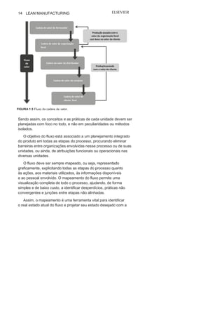 Capítulo 1 • Entendendo Lean
Manufacturing
13
composição dos dois. Assim, ela é formada por todas as organiza-
ções que participam do processo para o atendimento do cliente
final: fornecedores, organização focal, distribuidores, varejistas,
entre outros.
Por sua vez, cada um desses atores tem suas cadeias de valores
interna, em que cada unidade deve ser gerenciada com foco no
valor do cliente interno 5 imediato, que, por sua vez, está dimensio-
nado no valor do cliente externo, e assim segue até atingir o valor
do cliente final.
Fluxo da cadeia de
valorO fluxo da cadeia de valor (Figura 1.5) deve nortear e envolver
todos os atores do processo em um contínuo no qual cada etapa,
seja interna ou externa, sempre deve gerar valor para a seguinte.
FIGURA 1.4 A cadeia de
valor.
5
Cliente Interno é aquele que recebe os benefícios do produto e é membro da
organização que elabora o
produto.
 