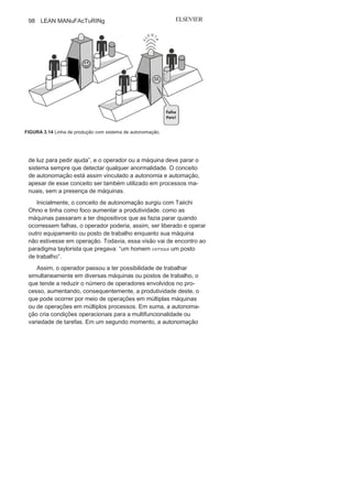 Capítulo 3 • Desenvolvendo
Lean Manufacturing
97
Jidoc
a O termo Jidoca, utilizado com frequência em outros países, vem
sendo substituído no Brasil por autonomação, o qual será adota-
do também por este livro. O significado real de Jidoka é somente
o de automação, mas, historicamente, de forma isolada, tem sido
utilizado para substituir “ninben no aru jidoka” que representa au-
tonomação. Autonomação é também conhecida como “automação
com máquina dotada de inteligência humana” ou “automação com
toque humano”.
Autonomação são sistemas projetados ou instalados em linhas
de produção ou máquinas que possibilitam que o operador ou a
própria máquina pare o processo diante da detecção de falhas ou
anormalidades (Figura 3.14). As paradas são sinalizadas por um
sistema de informação visual chamado andon, que significa “sinal
Caso
6:
o operador poderia deixar de executar por esquecimento
uma etapa de uma atividade.
Poka
Yoke:
O cheklist pode ser utilizado para controlar e
verificar se todas as etapas foram
realizadas antes da conclusãodo processo.
 