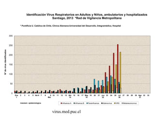 virus.med.puc.cl
0
50
100
150
200
250
300
Ene
1
2 3 4 5 feb 6 7 8 9
Mar
10 11 12 13 Abr
14
15 16 17 May
18
19 20 21 Jun
22
23 24 25 Jul
26
27 28 29 30 Ago
31
32 33
N°devirusidentificados
Identificación Virus Respiratorios en Adultos y Niños, ambulatorios y hospitalizados
Santiago, 2013 *Red de Vigilancia Metropolitana
Influenza A Influenza B Parainfluenza Adenovirus VRS Metaneumovirus
* Pontificia U. Católica de Chile, Clínica Alemana-Universidad del Desarrollo, Integramédica, Hospital
mes/sem epidemiologica
 
